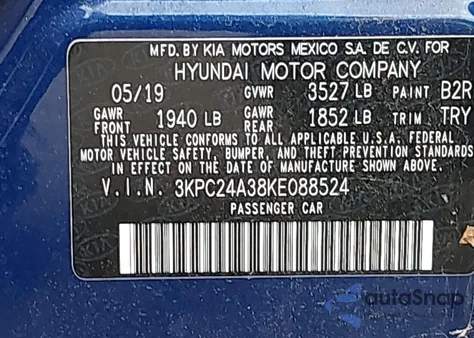 2019 Hyundai Accent Se from USA, damaged, VIN 3KPC24A38KE088524